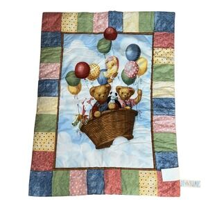 Vtg Blue Jean Teddy Bear Blanket Quilt Hot Air Balloon Baby Nursery Wall 41 X 30